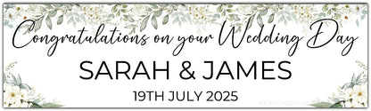 Wedding Day Banner with white flowers and greenery theme, personalised with names and date