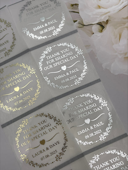 Wedding greenery edge Clear Foiled Sticker in  colour of your choice personalised with names and Date