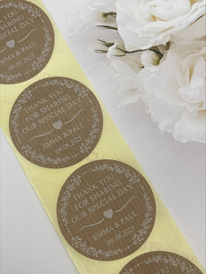 Wedding greenery edge Kraft Sticker in White personalised with names and Date