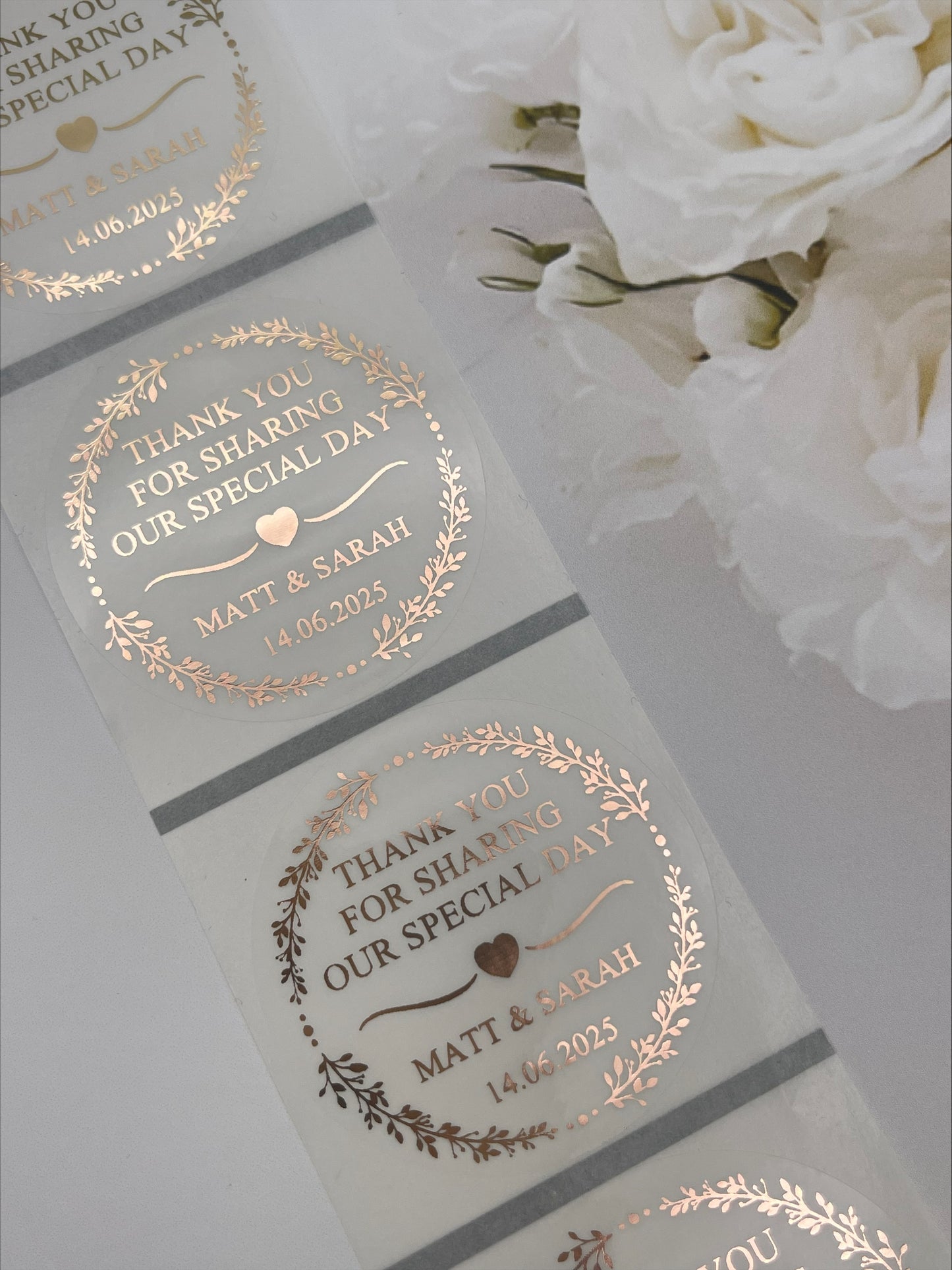 Wedding greenery edge Clear Foiled Sticker in Metallic Rose Gold personalised with names and Date