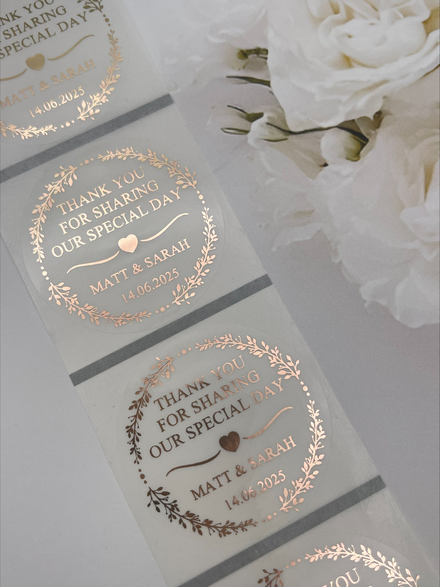 Wedding greenery edge Clear Foiled Sticker in Metallic Rose Gold personalised with names and Date