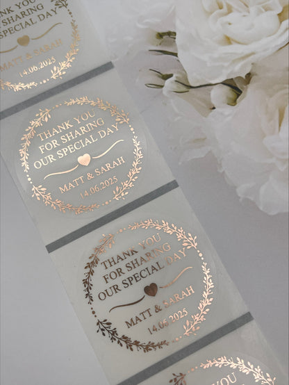 Wedding greenery edge Clear Foiled Sticker in Metallic Rose Gold personalised with names and Date