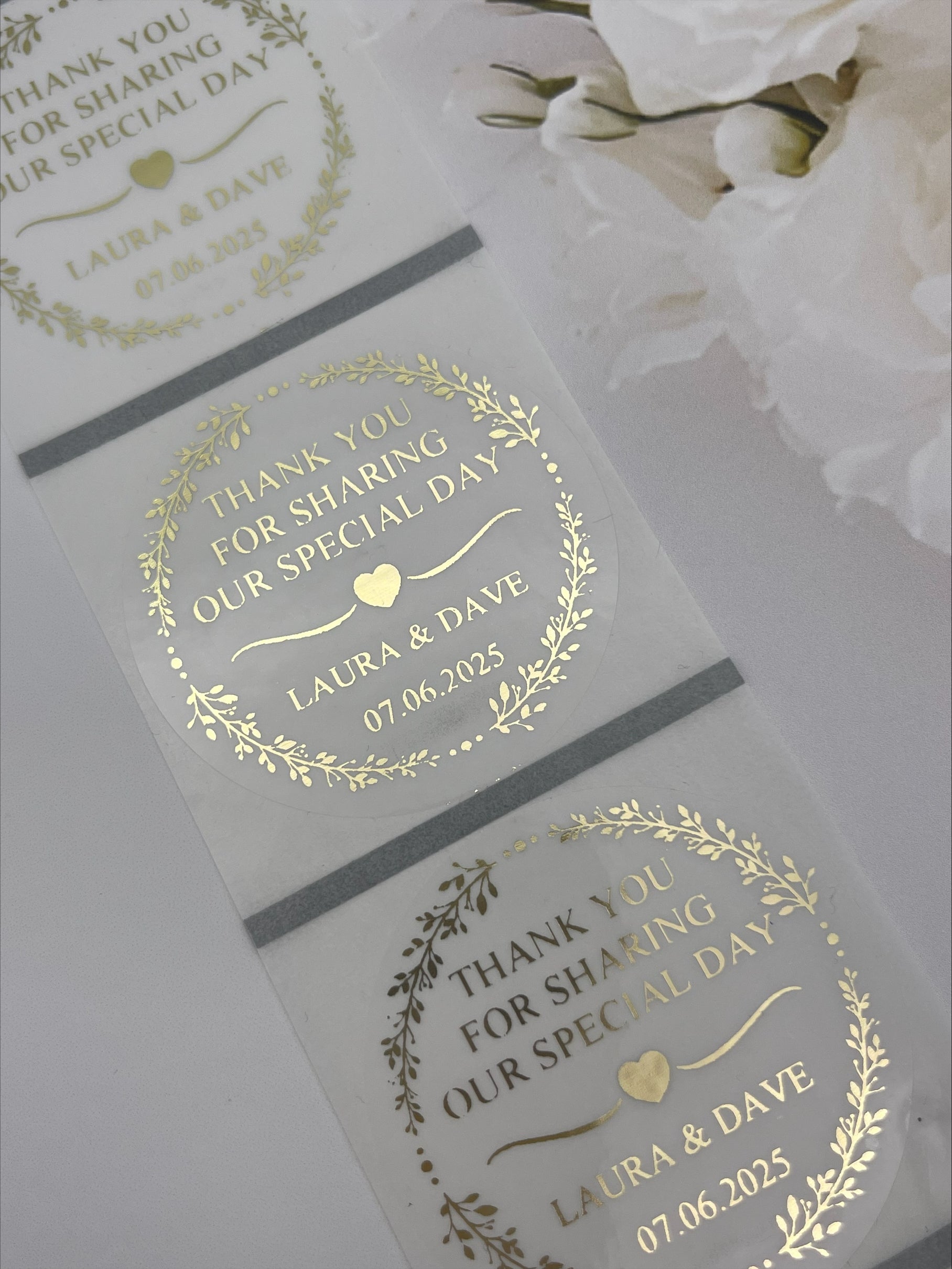 Wedding greenery edge Clear Foiled Sticker in Metallic Gold personalised with names and Date