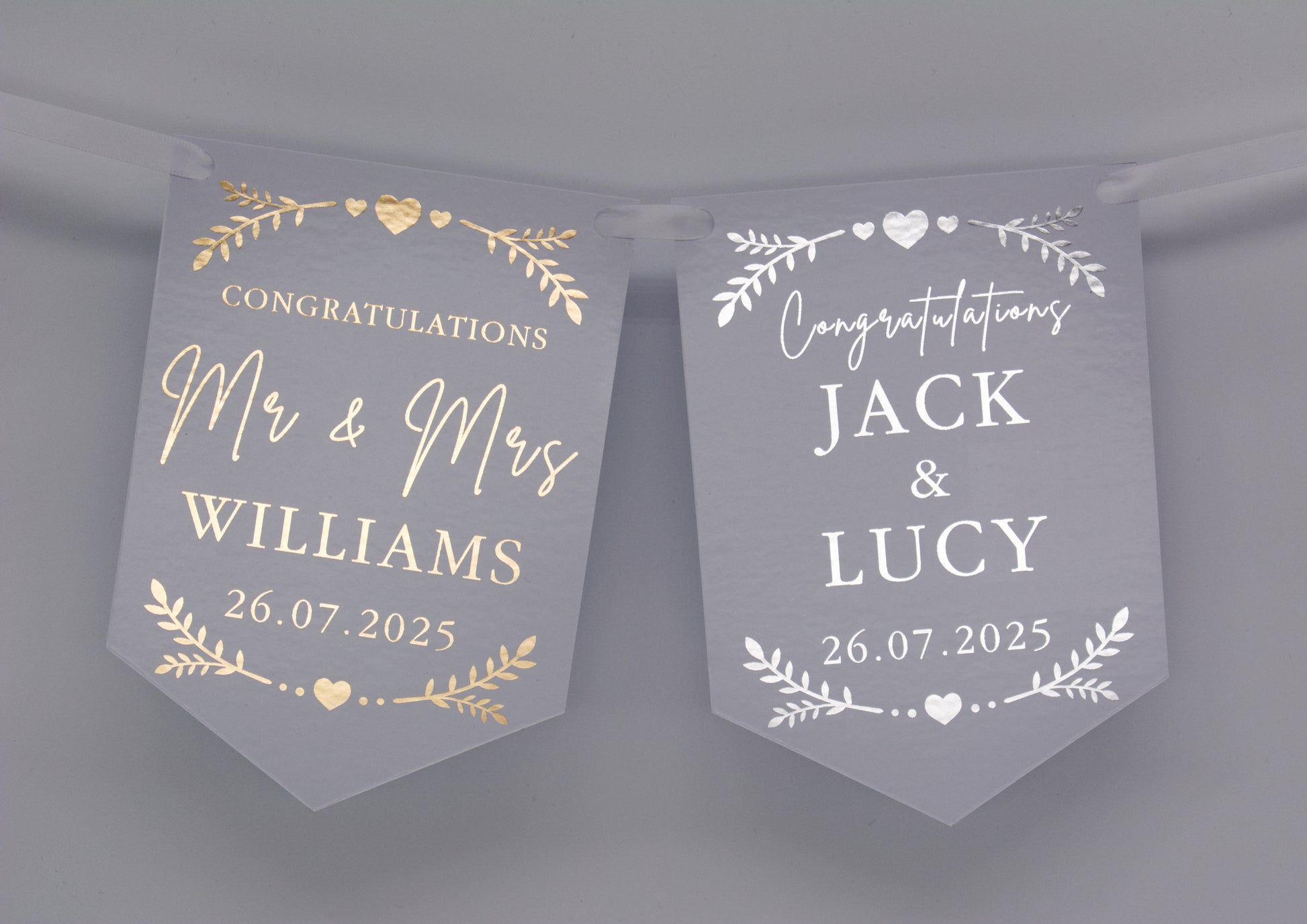Greenery and Hearts Foiled Bunting with Names and Date in Gold or Silver. Made from Single Sided 300gsm gloss card