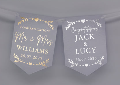 Greenery and Hearts Foiled Bunting with Names and Date in Gold or Silver. Made from Single Sided 300gsm gloss card