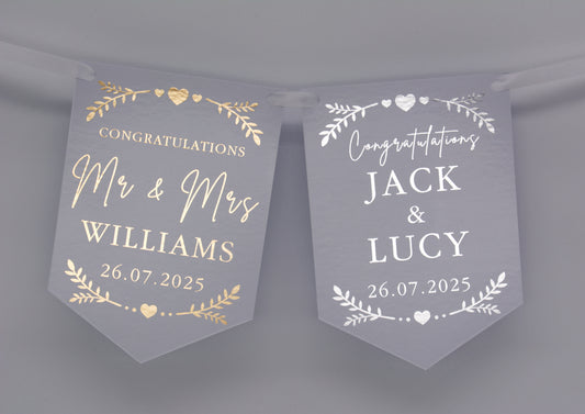 Greenery and Hearts Foiled Bunting with Names and Date in Gold or Silver. Made from Single Sided 300gsm gloss card