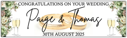 Wedding Banner with sage green flowers personalised with names and date