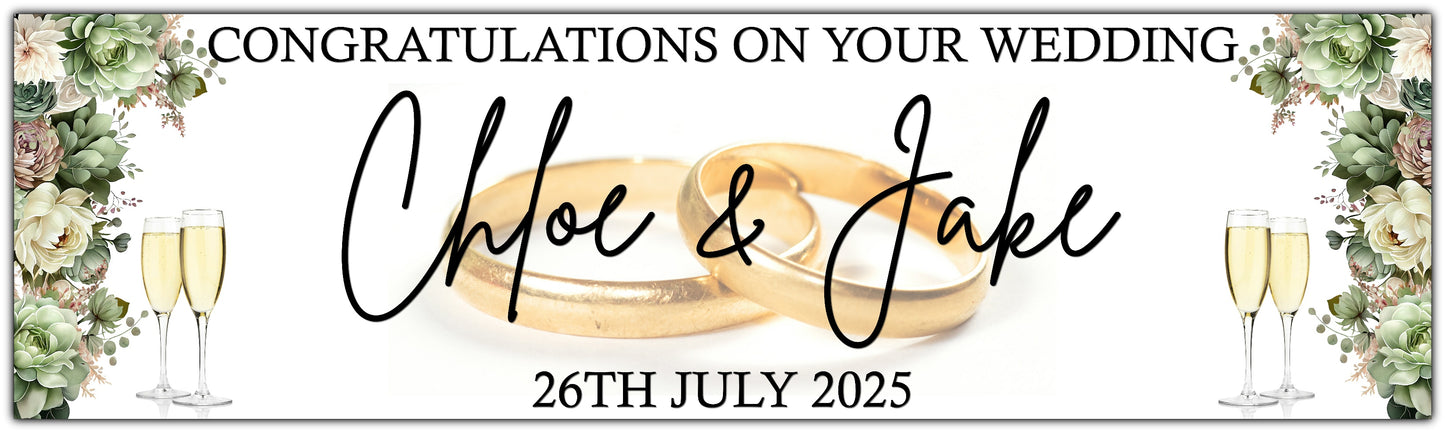 Wedding Banner with sage green flowers personalised with names and date