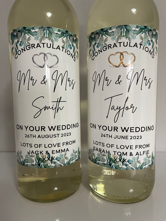 Personalised Wedding day Eucalyptus and Hearts wine bottle label, wedding gift idea