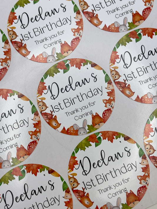 Woodland Animals Birthday Personalised round stickers Different Sizes