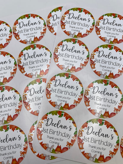Woodland Animals Birthday Personalised round stickers Different Sizes