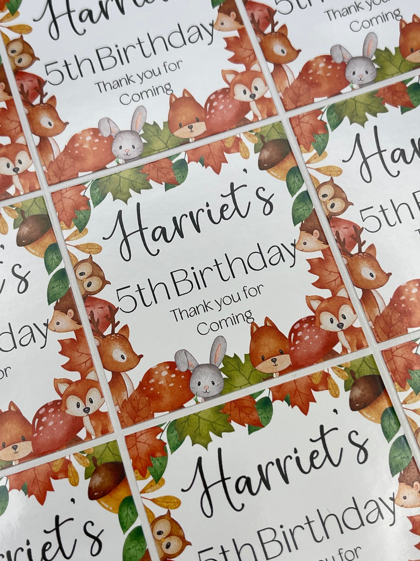 Woodland Animals Birthday Personalised round stickers Different Sizes