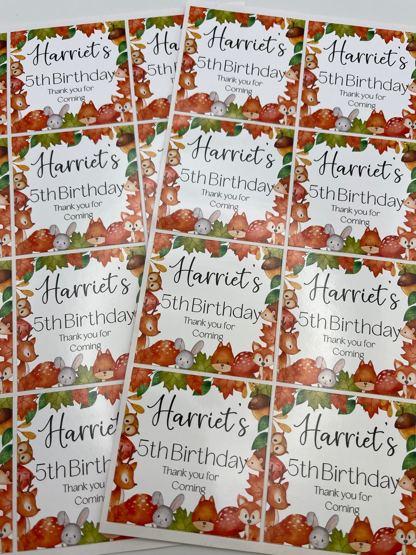 Woodland Animals Birthday Personalised round stickers Different Sizes
