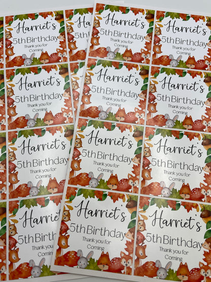 Woodland Animals Birthday Personalised round stickers Different Sizes