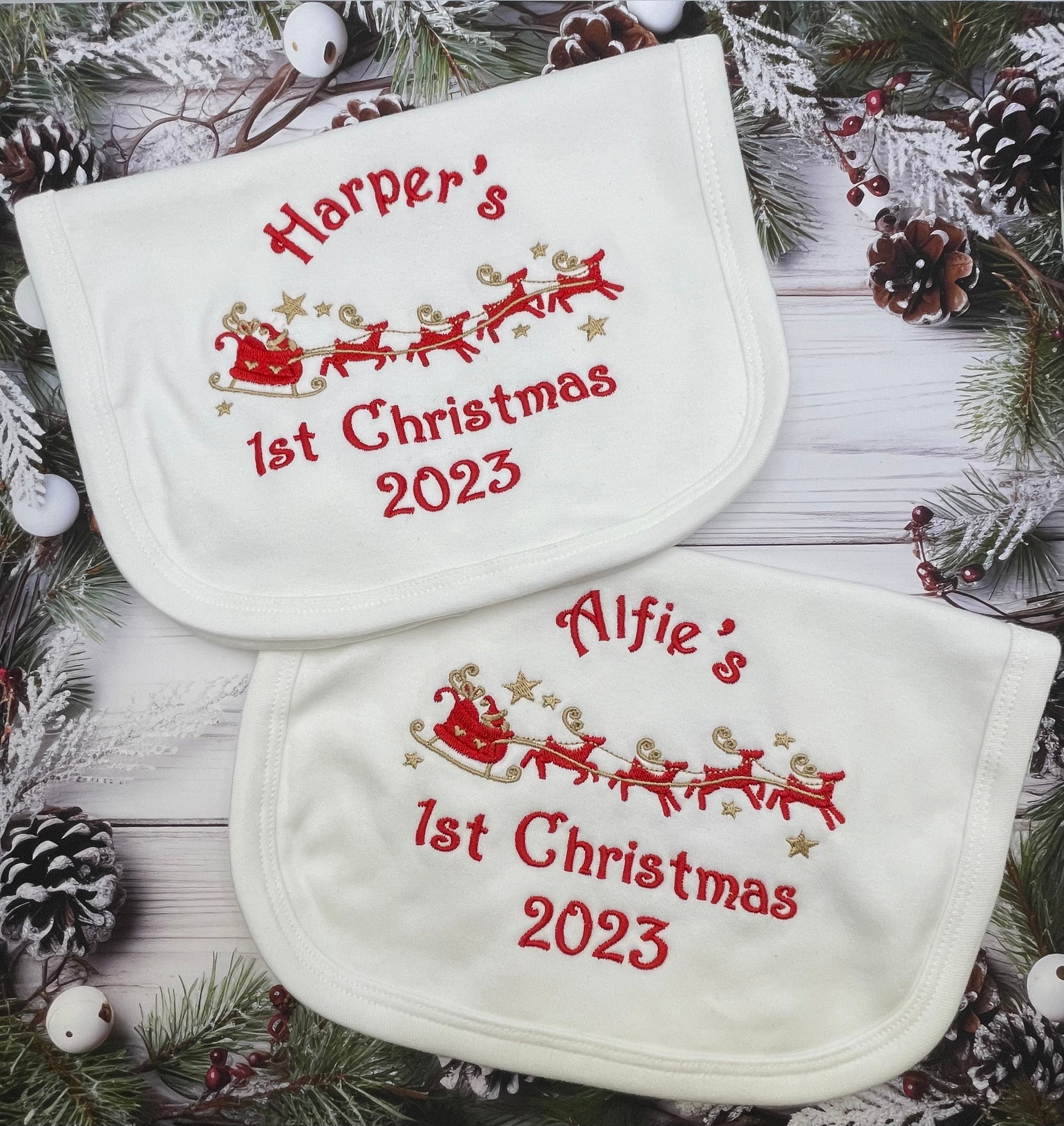  1st first Christmas Cotton Baby Bibs in white