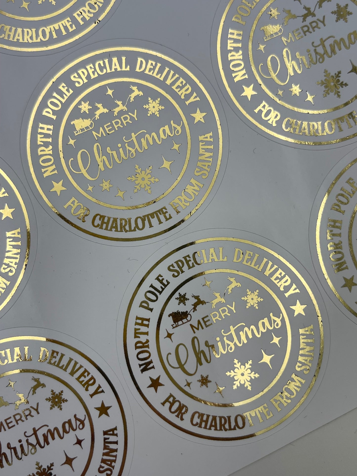 Personalised North Pole Special Delivery Christmas Stickers Gold