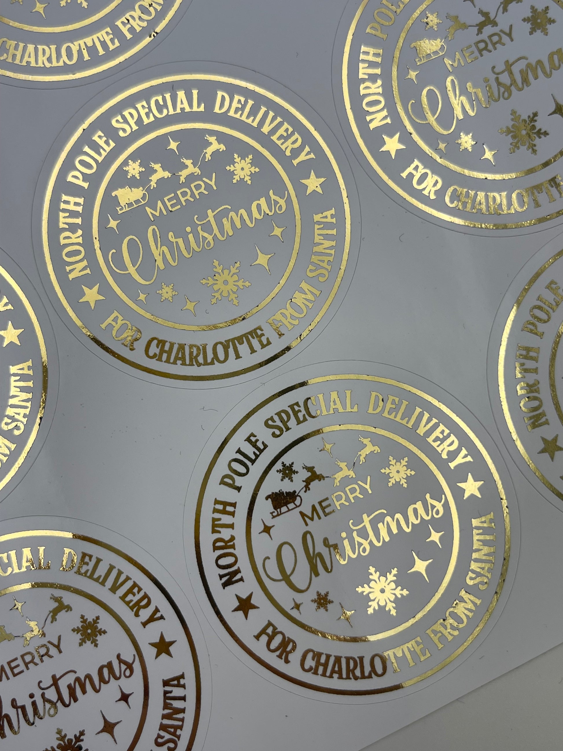 Personalised North Pole Special Delivery Christmas Stickers Gold
