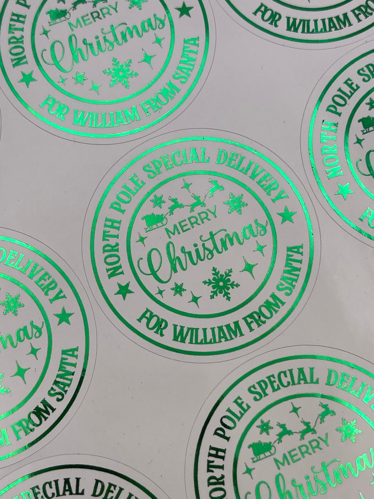 Personalised North Pole Special Delivery Christmas Stickers Green