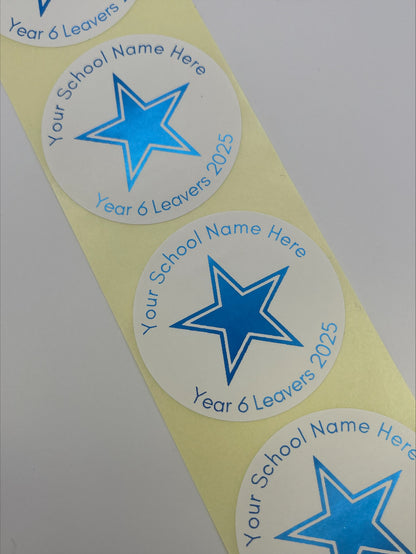 Year 6 Leavers Stickers personalised with School Name. Foiled in Metallic Blue