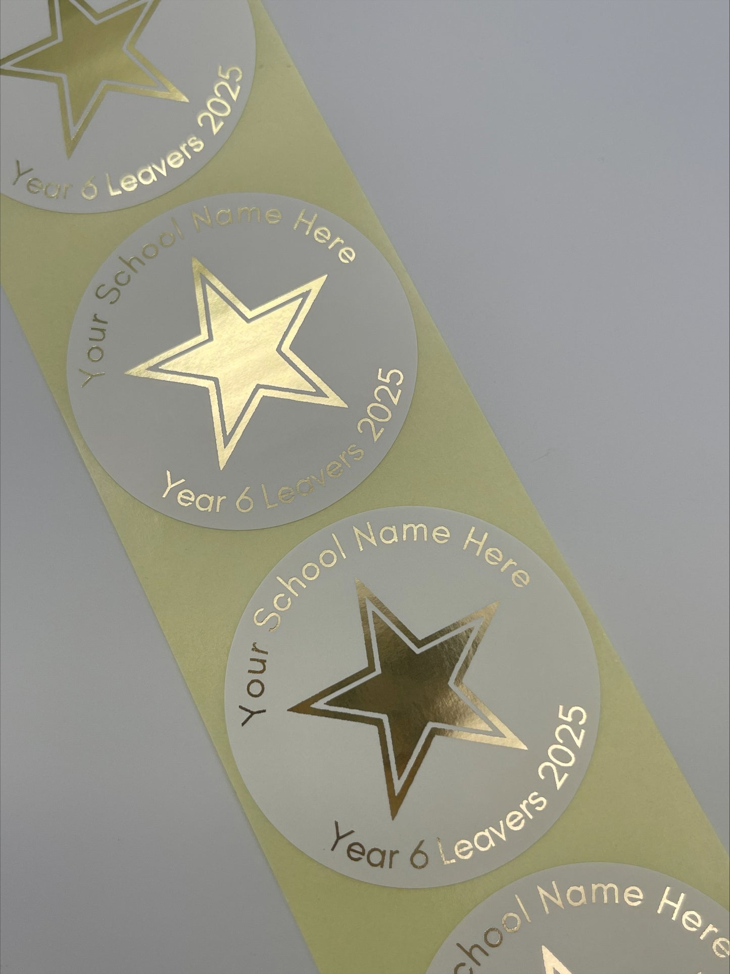 Year 6 Leavers Stickers personalised with School Name. Foiled in Metallic Gold